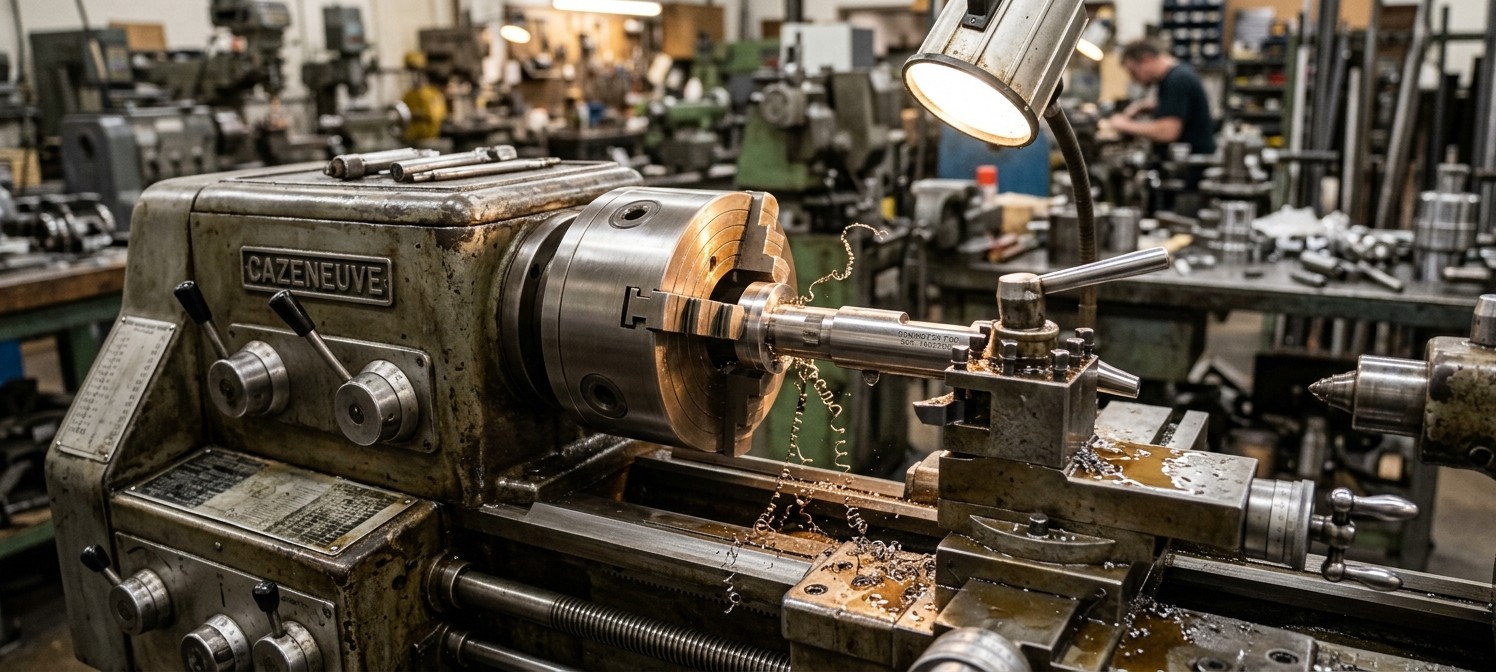 A precision rifle receiver set up in a lathe being trued, with metal shavings and cutting oil.