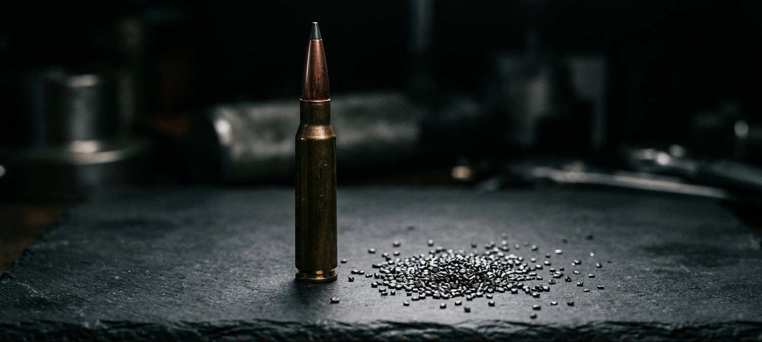 A tall large-capacity rifle cartridge beside a small pile of spilled powder grains.