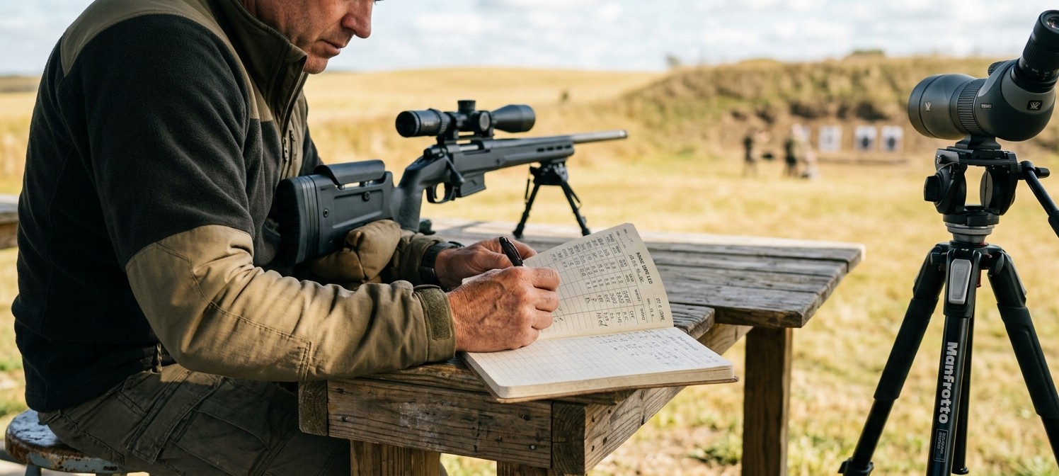 a precision shooter writing dope in a paper logbook at a long-range bench