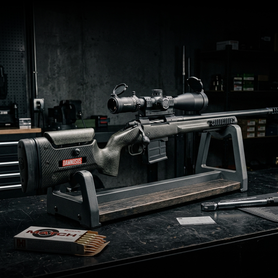 Damnosus bolt-action precision rifle with a Micarta stock in a bench cradle, scope mounted, beside Hornady Match ammunition and a torque driver.