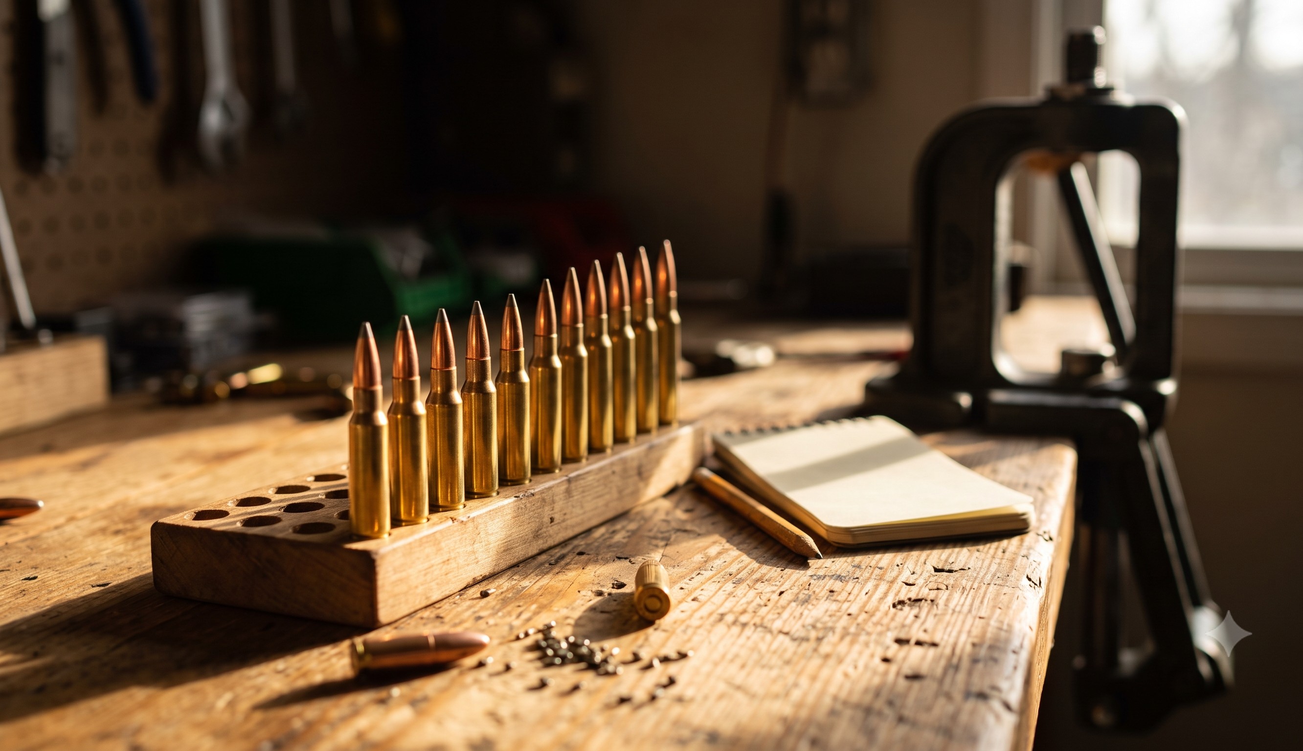 A loading block of freshly assembled cartridges arranged as a ladder-test charge series on a reloading bench.