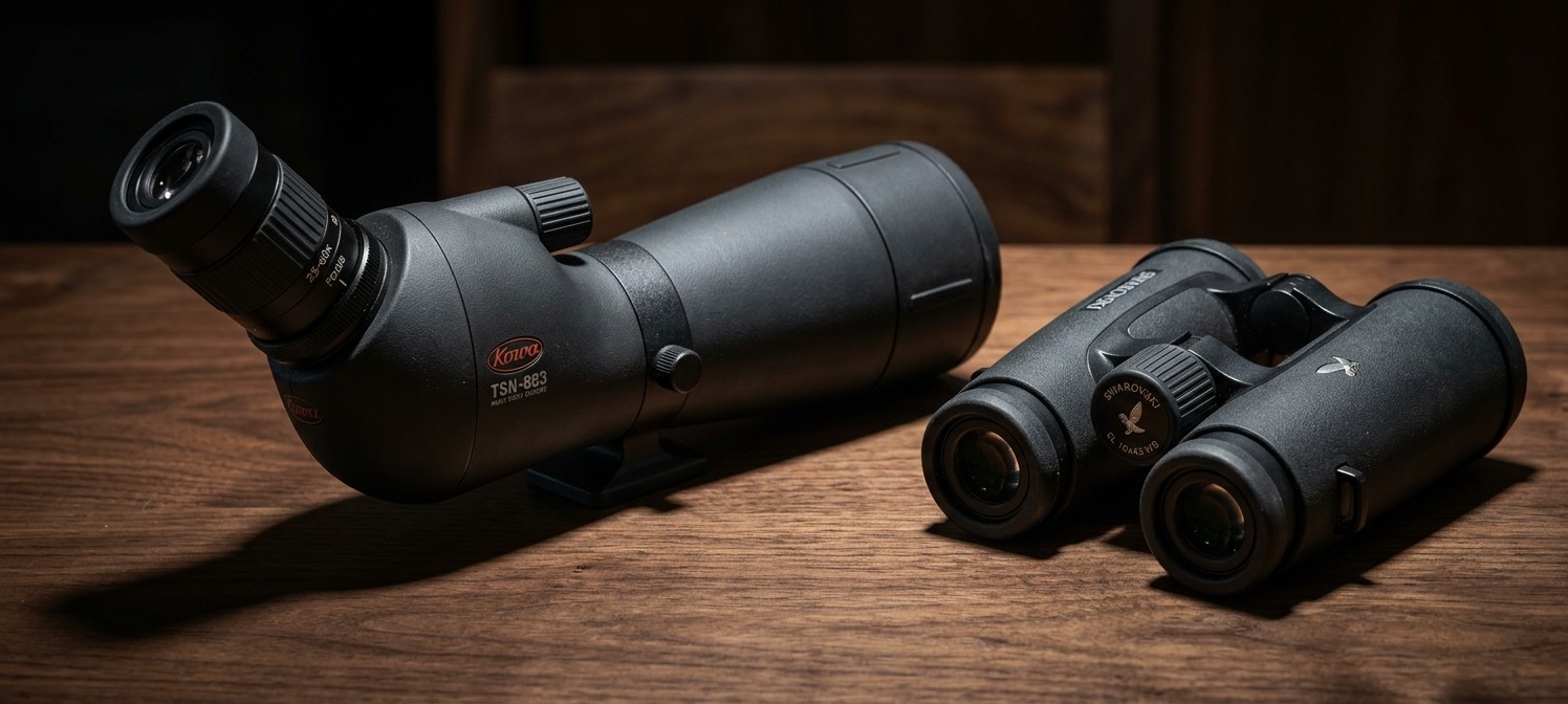A high-end spotting scope and a pair of binoculars resting side by side on a walnut table.